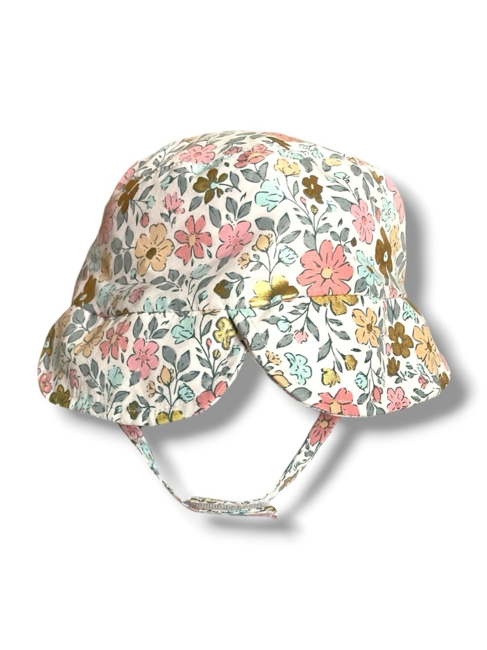 Floral Sun Hat Pink Gold Pastel Bucket Hat Tie Strap Baby Toddler Cottagecore